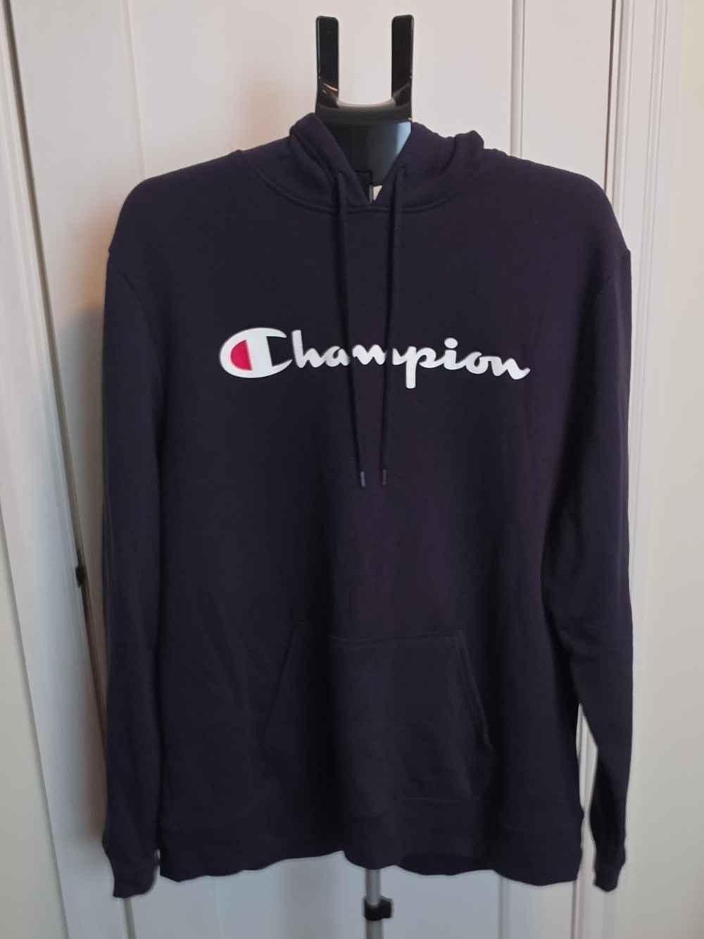 Champion Navy Pullover Hoodie with White Script Logo